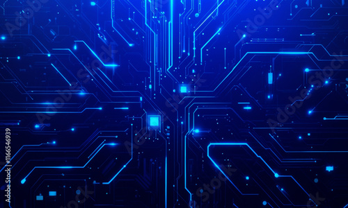 Abstract High-Tech Blue Circuit Board Illustration with Glowing Elements, Futuristic Technology, Digital Innovation, and Cyber Network Design for Modern Technology Concepts