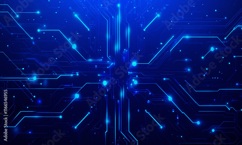 Abstract High-Tech Blue Circuit Board Illustration with Glowing Elements, Futuristic Technology, Digital Innovation, and Cyber Network Design for Modern Technology Concepts