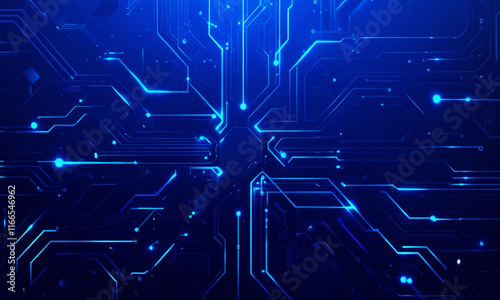 Abstract High-Tech Blue Circuit Board Illustration with Glowing Elements, Futuristic Technology, Digital Innovation, and Cyber Network Design for Modern Technology Concepts