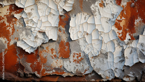 White paint peels revealing red underlayers on weathered surface.
 photo