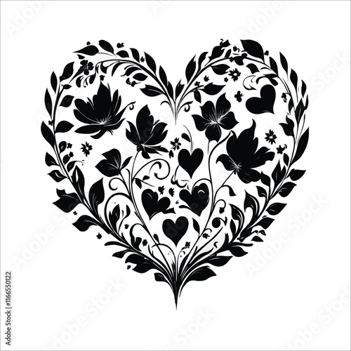 heart with a heart valentine Day vector ,floral, flower, vector, pattern, heart, design, ornament, leaf, decoration, illustration, swirl, element, art, vintage, scroll, love, plant, black, tattoo, orn