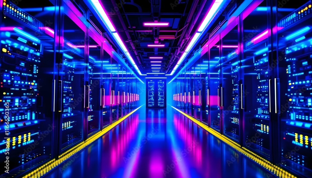 Fototapeta premium High-Tech Server Room with Blue and Pink Neon Glow