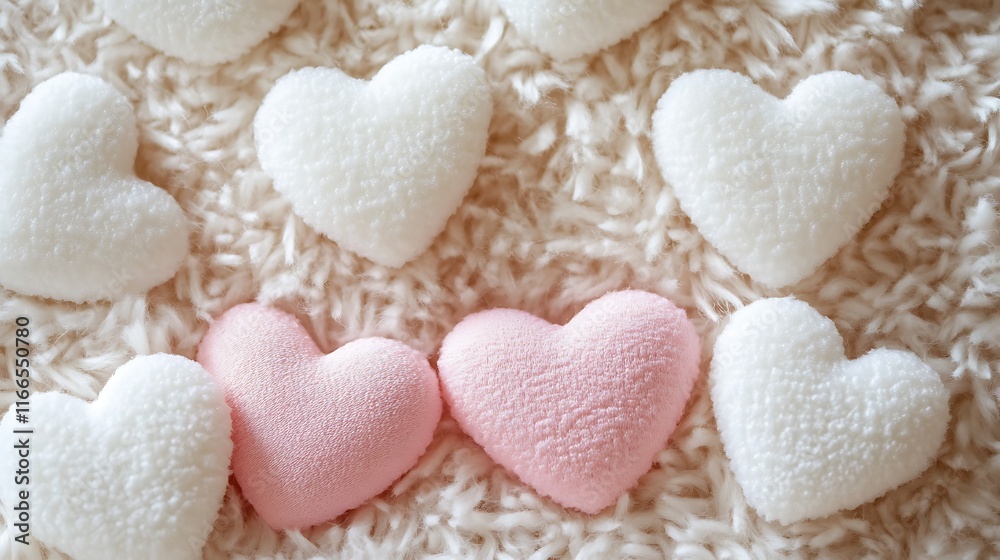 Obraz premium Pink and white heart shapes on fluffy beige surface