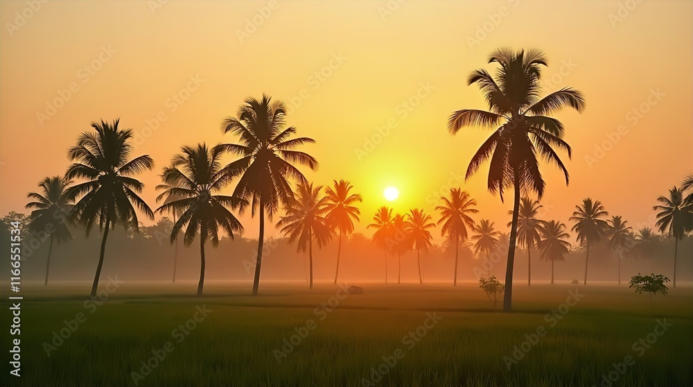 Fototapeta premium Serene Sunrise over a Misty Rice Paddy Field with Silhouetted Palm Trees