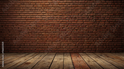 stock photo features a rustic background with a red brick wall texture and a wooden floor