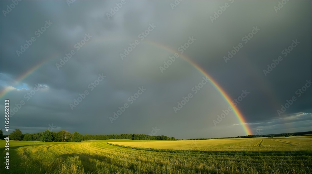 Double Rainbow Arcing Over a Verdant Wheat Field Under a Dramatic Stormy Sky Double Rainbow Arcing Over a Verdant Wheat Field Under a Dramatic Stormy Sky