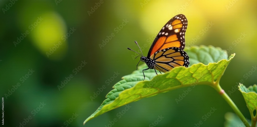 A monarch butterfly rests on a leaf of a tree with sunlight filtering through, monarch butterfly, sunbeams A monarch butterfly rests on a leaf of a tree with sunlight filtering through, monarch butterfly, sunbeams