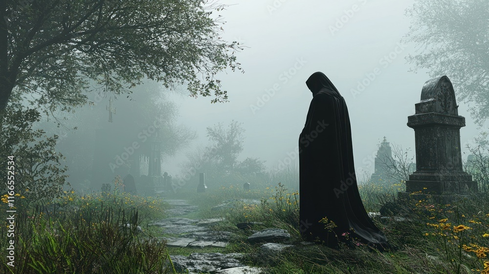 A Figure in Black in a Foggy Cemetery A Figure in Black in a Foggy Cemetery