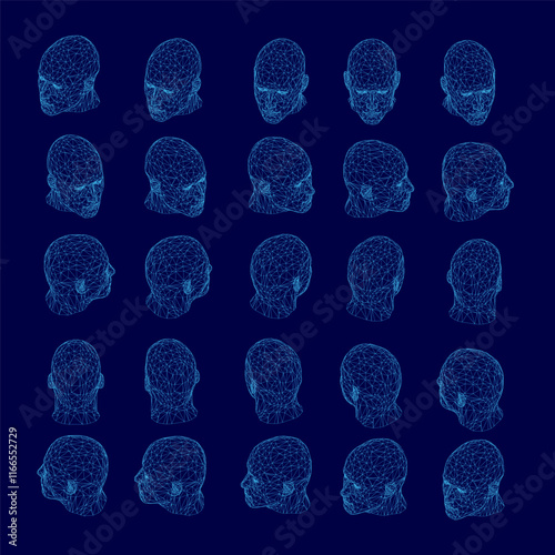 Series of blue faces are shown in a row. The faces are all different sizes and shapes, but they all have the same color scheme. The image gives off a feeling of uniformity and sameness