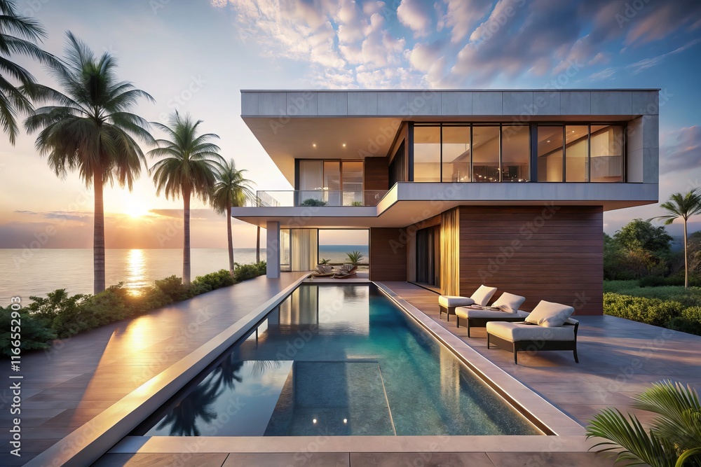 Fototapeta premium Minimalist Luxury Beach House Pool Wallpaper - Modern Tropical Architecture