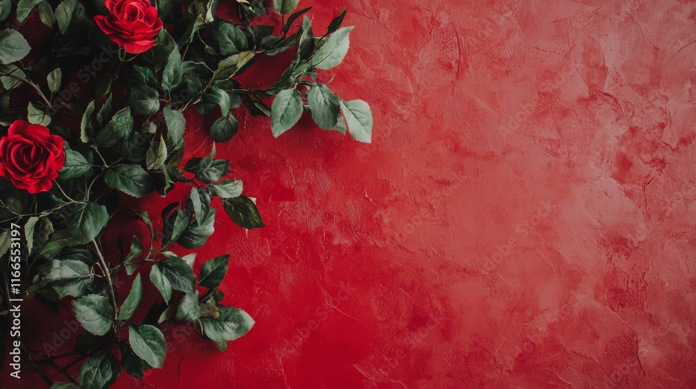 Red Roses Green Leaves on Crimson Background Floral Design Romance Red Roses Green Leaves on Crimson Background Floral Design Romance