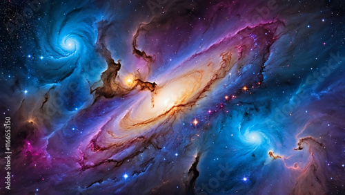 a captivating abstract of the universe, featuring rotating galaxies, brilliant nebulae, and sparkling stars