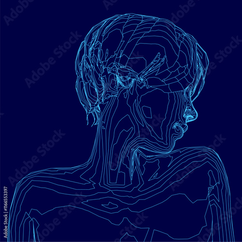 Woman's head is shown in a blue color. The image is a computer-generated drawing of a woman's head. The woman's hair is styled in a bun, and her face is shown with a serious expression