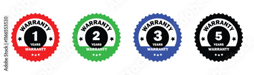 Warranty icon set, containing 1, 2, 3, and 5 years seal guarantee certificate symbol in black, red, green and blue  color isolated on white background.