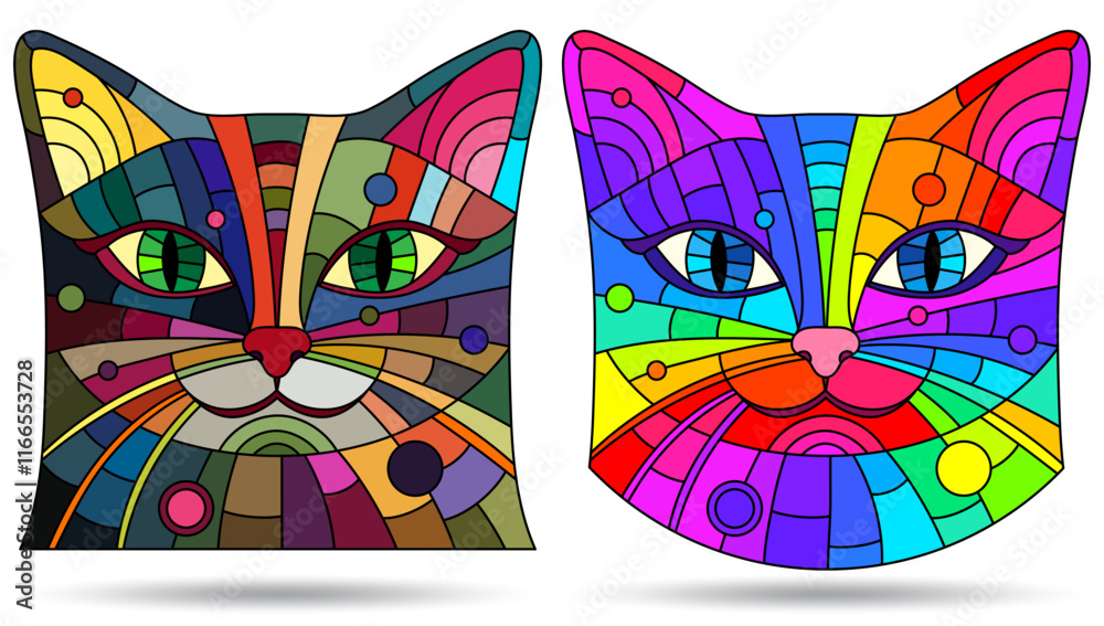 Fototapeta premium A set of stained glass illustrations with portraits of cats, animals isolated on a white background
