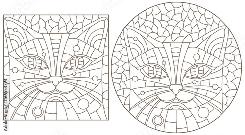 A set of contour illustrations in the style of stained glass with portraits of cats, dark outlines on a white background