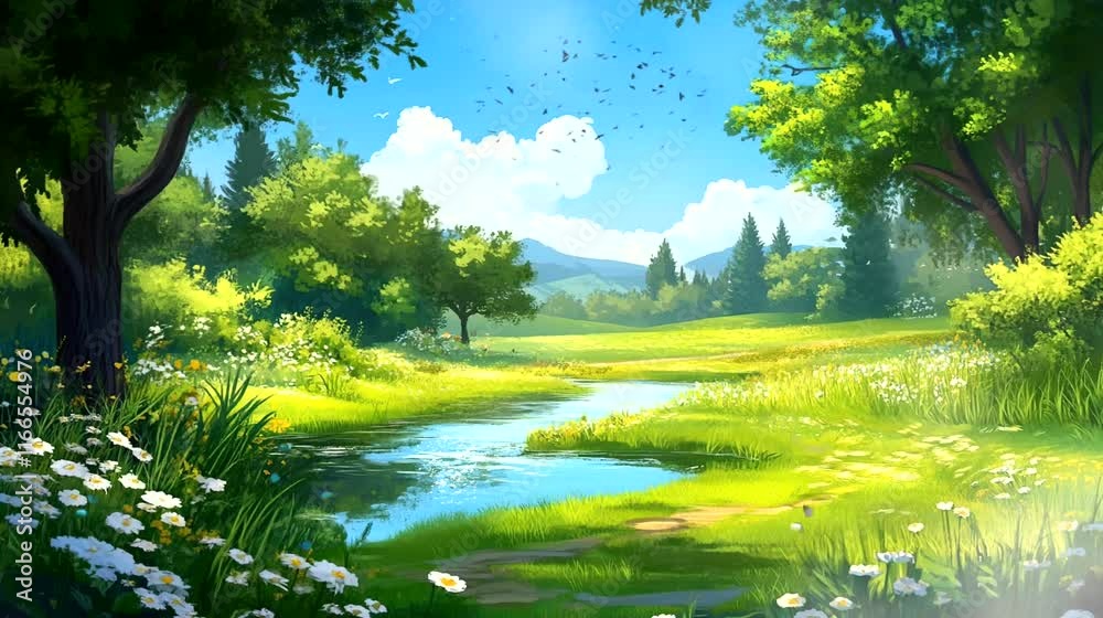Idyllic Sunny Meadow with Stream and Wildflowers. Seamless looping video background