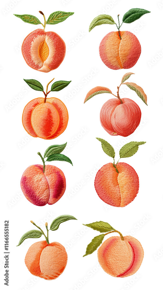 Embroidery peach png element set, transparent background Embroidery peach png element set, transparent background