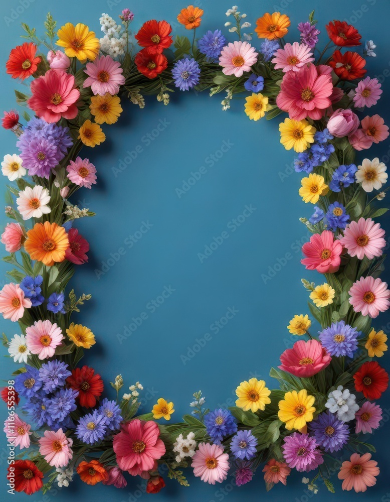 Colorful spring flowers arranged in a beautiful frame on a blue background with empty space , empty space, minimalist decor Colorful spring flowers arranged in a beautiful frame on a blue background with empty space , empty space, minimalist decor