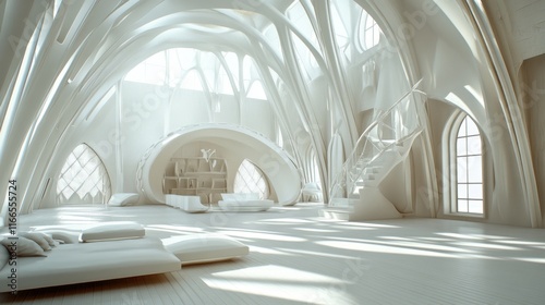 White futuristic interior design with organic curves and gothic windows. photo