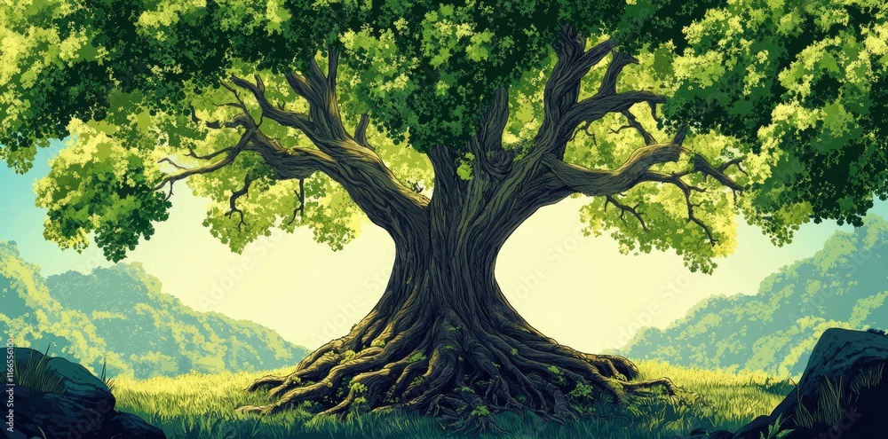 Naklejka premium Majestic Ancient Tree Stands Tall In Verdant Landscape
