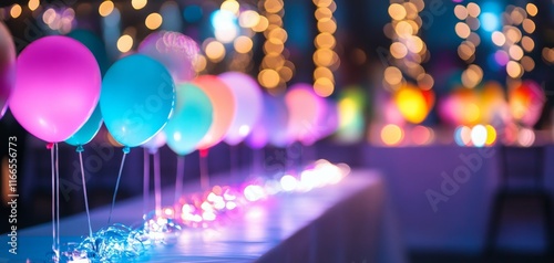 A vibrant party scene showcasing colorful balloons and string lights, ideal for celebration themes and joyful gatherings. photo