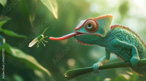 Highly detailed of a chameleon catching a grasshopper with its tongue,in soft focus against a green natural background