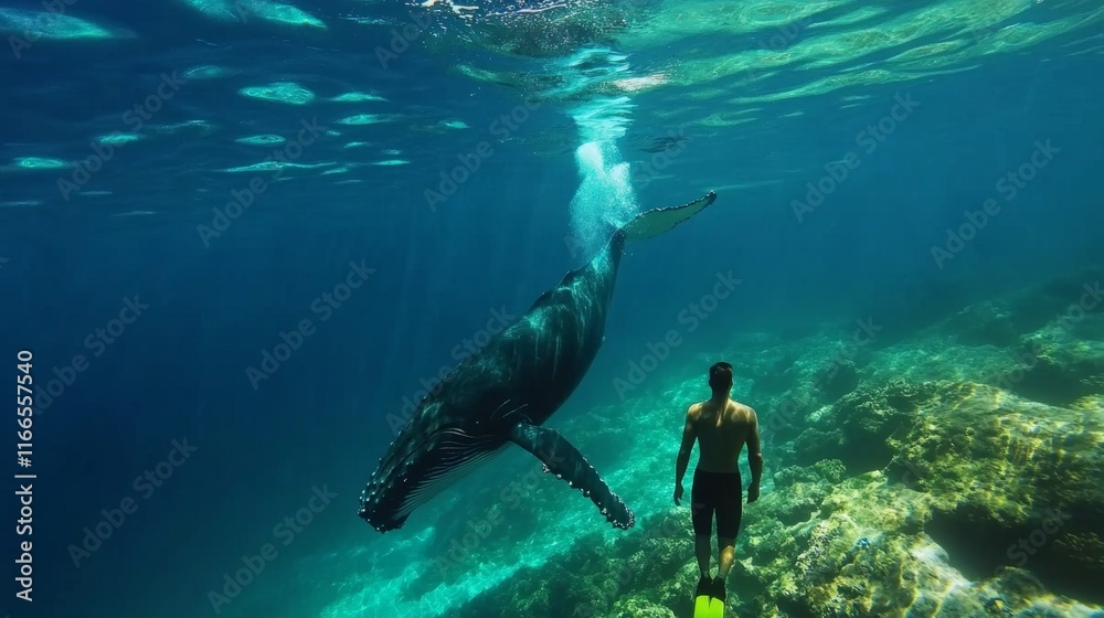 Fototapeta premium Humpback whale underwater in Caribbean