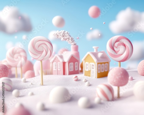 A whimsical candy landscape featuring colorful lollipops, marshmallow trees, and a charming sweet house under a blue sky. photo