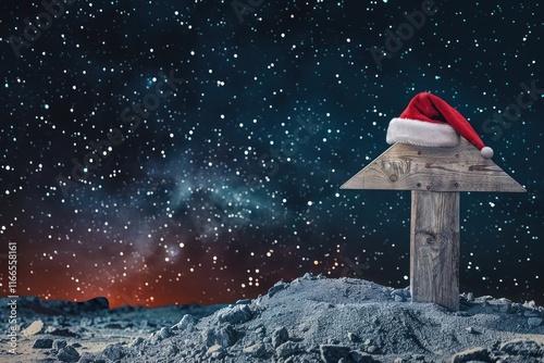 Christmas themed wooden pointer and Santa hat on starry background. photo