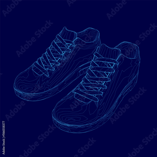 Pair of shoes are shown in a blue color. The shoes are shown in a 3D format
