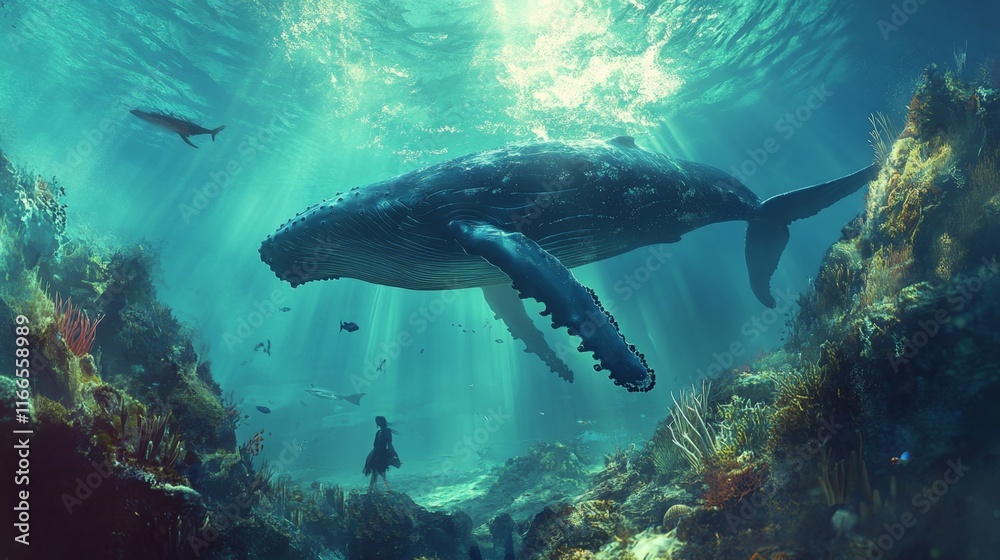 Fototapeta premium Humpback whale underwater in Caribbean