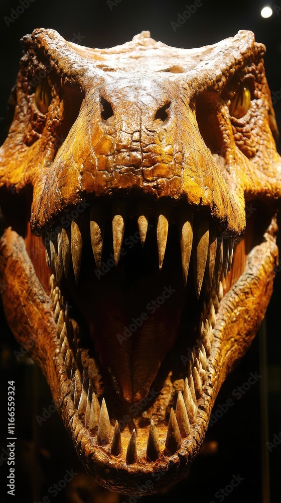 Fototapeta premium A close-up of a dinosaur skull, showcasing its teeth and fierce expression.