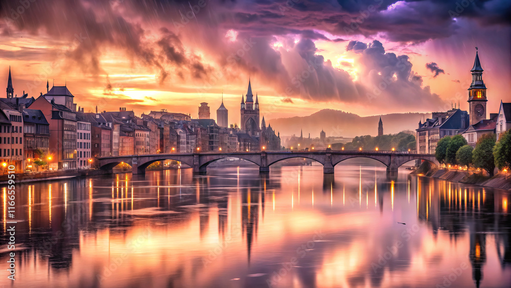Fototapeta premium stunning twilight cityscape with vibrant sunset reflecting on water