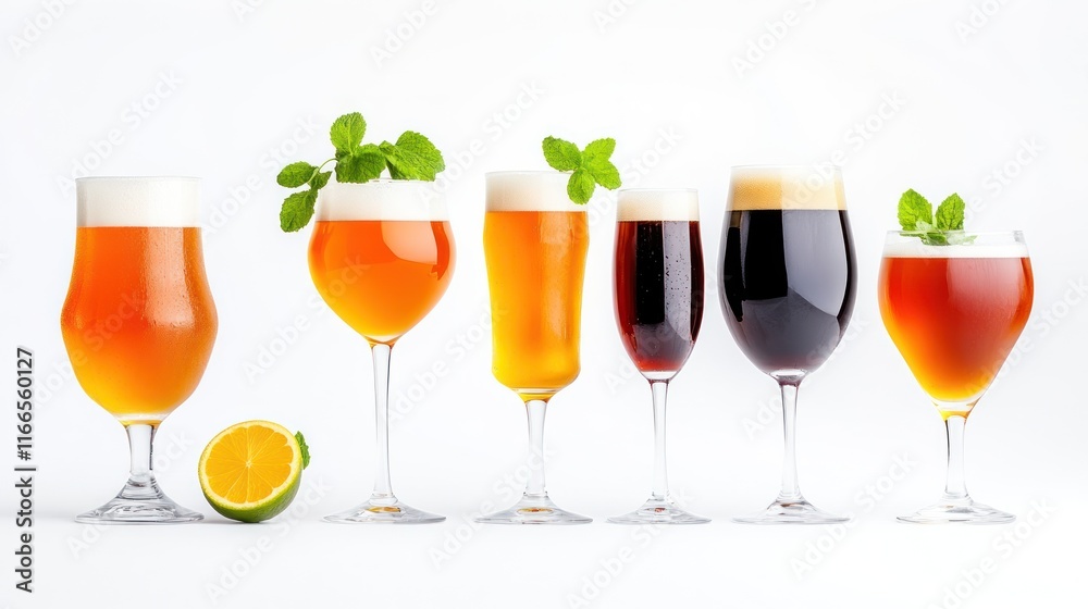 A variety of beverages displayed in elegant glasses with garnishes. A variety of beverages displayed in elegant glasses with garnishes.