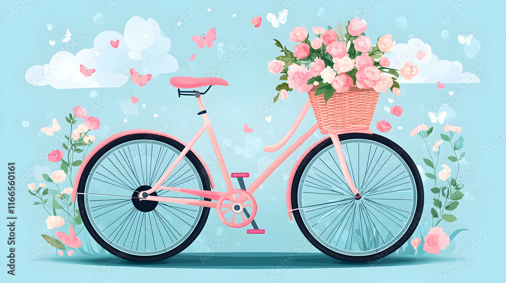 Fototapeta premium Charming pastel pink bicycle adorned with a basket of pink roses, butterflies, and flowers against a soft blue sky background, perfect for spring or summer designs.