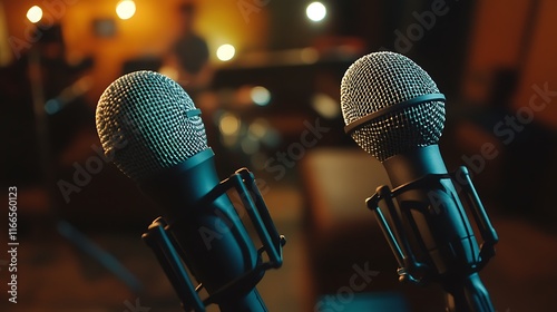 Close-up of two microphones in a recording studio with blurred musicians in the background.