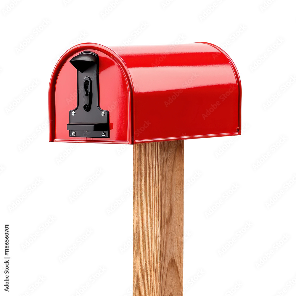 Bright Red Mailbox Mounted on Wooden Post Bright Red Mailbox Mounted on Wooden Post
