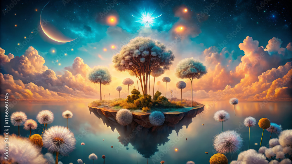 whimsical floating island with misty trees and vibrant flowers