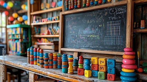 Colorful Wooden Toys and Chalkboard In A Playroom photo