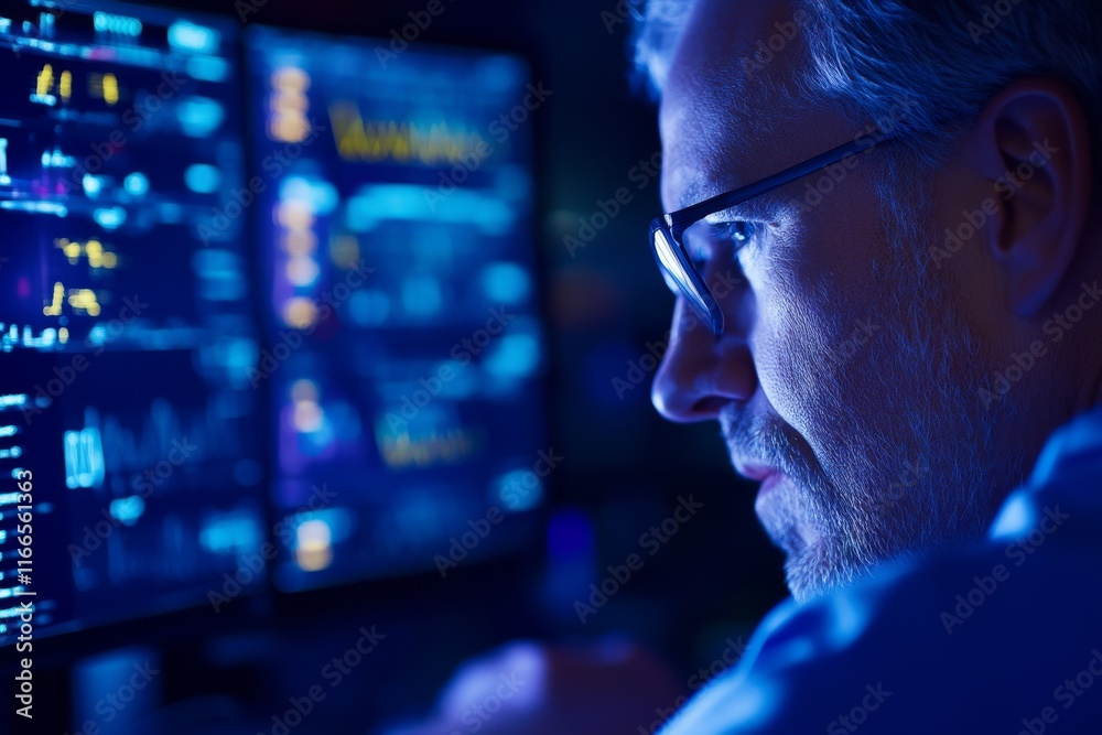 Focused man analyzing data on dual monitors in a dark environment, showcasing modern technology and innovative analytics. Focused man analyzing data on dual monitors in a dark environment, showcasing modern technology and innovative analytics.