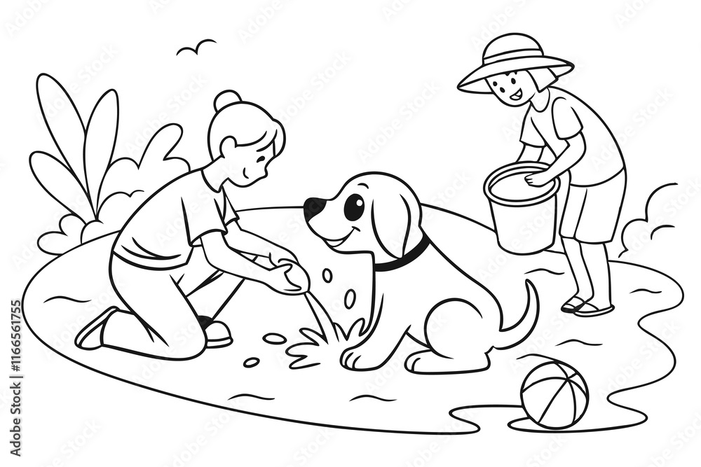 Naklejka premium A puppy splashing water while a couple plays with it at the beach white background G.eps