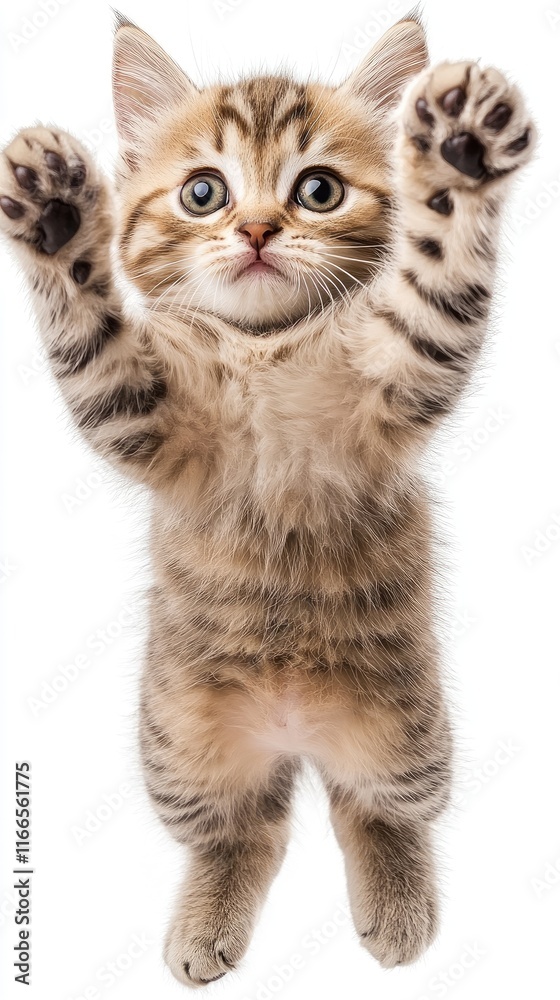 Obraz premium A cute, playful kitten jumping with its paws raised, showcasing its adorable features.
