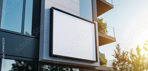 Daylit modern building facade with square white sign, black frame.