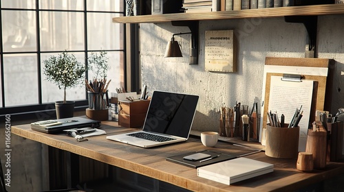 Stylish Creative Workspace Setup with Modern Desk and Tools