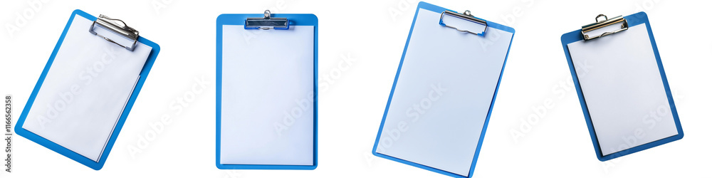 A Set of Organized Blue Clipboards Featuring Paper Sheets from Top Perspective Isolated on Transparent Background A Set of Organized Blue Clipboards Featuring Paper Sheets from Top Perspective Isolated on Transparent Background