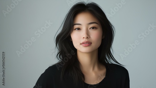 Portrait of a beautiful asian woman with dark hair, studio shot