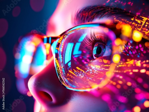 Vibrant close-up of a person wearing glasses, reflecting colorful digital data and technology concepts. photo