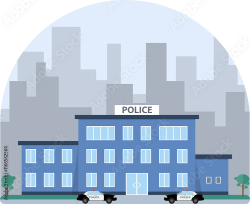 Police station, police station building against the backdrop of the urban landscape. Vector, designer illustration.