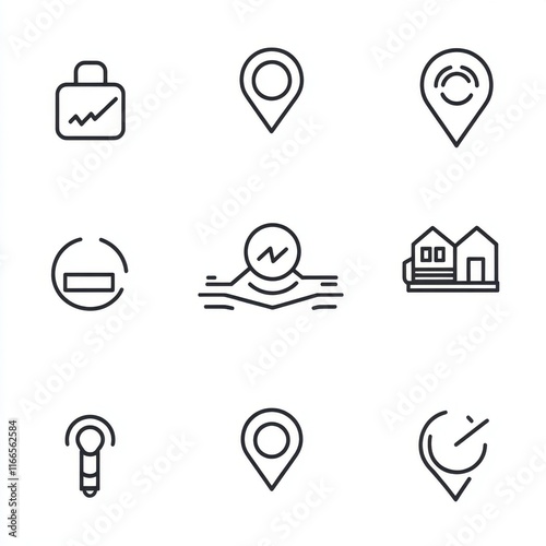 Nine map pin icons on a white background. photo